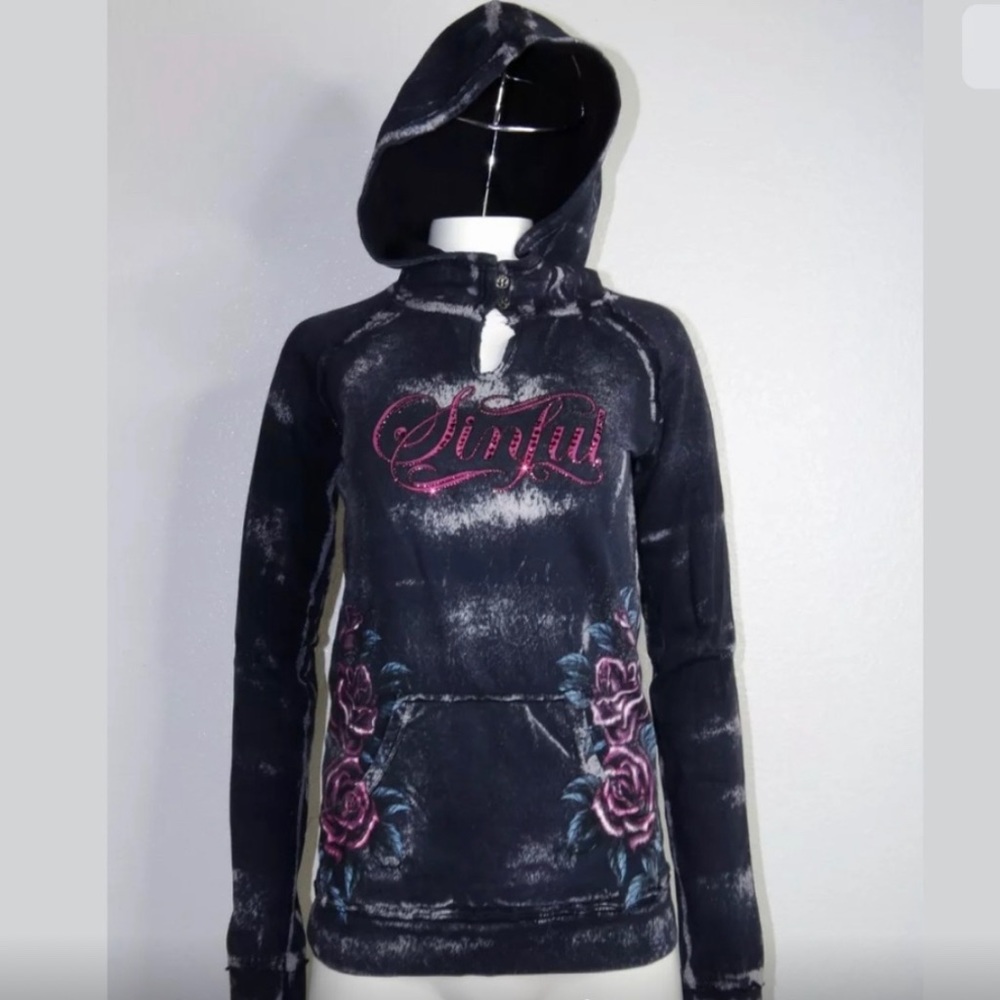 - Sinful Hooded Sweater Roses & Cross Rhinestone M